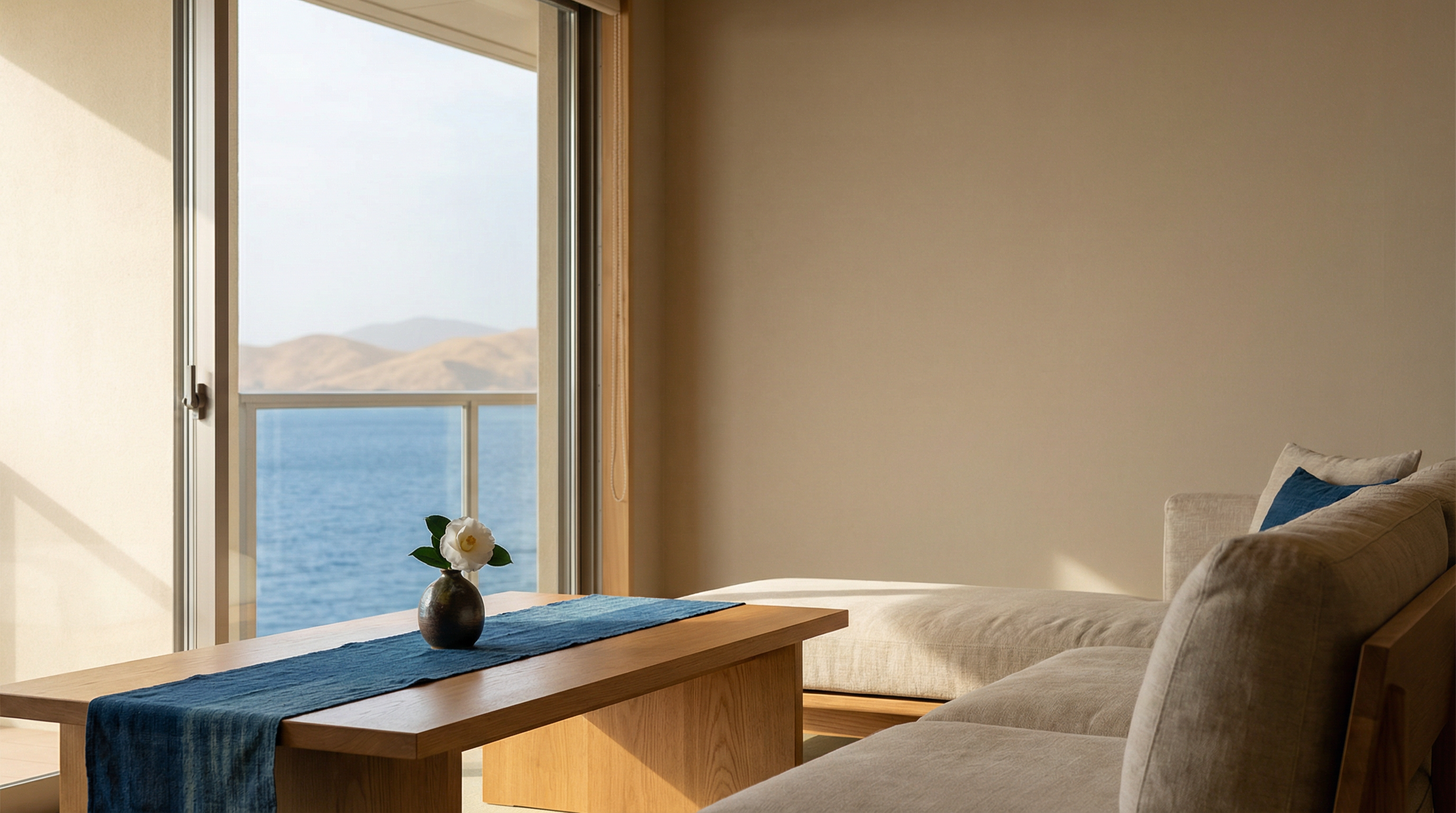 Serene Japanese interior with sea view